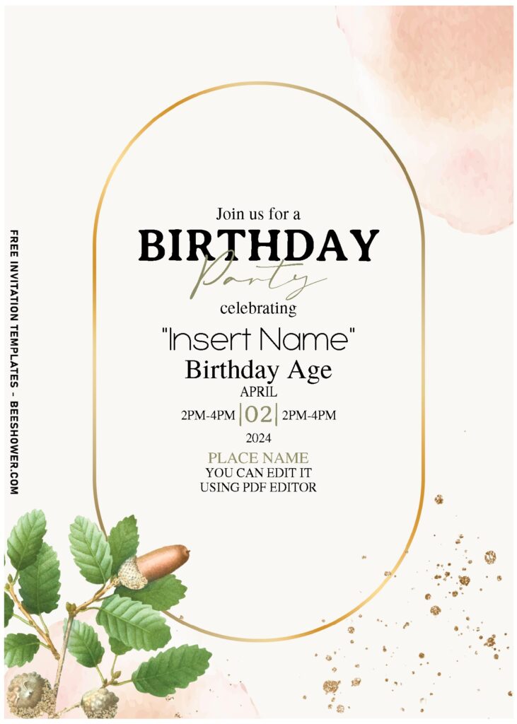 (Free Editable PDF) Divine Gold And Greenery Leaves Birthday Invitation Templates with watercolor background