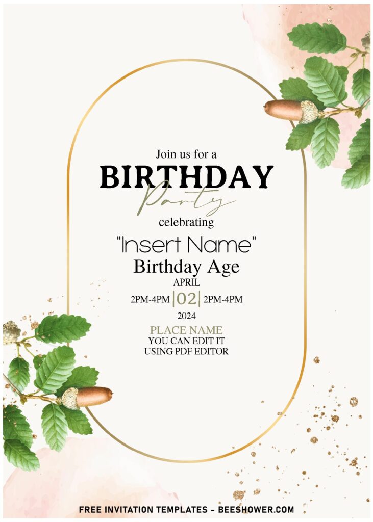 (Free Editable PDF) Divine Gold And Greenery Leaves Birthday Invitation Templates with stunning gold frame
