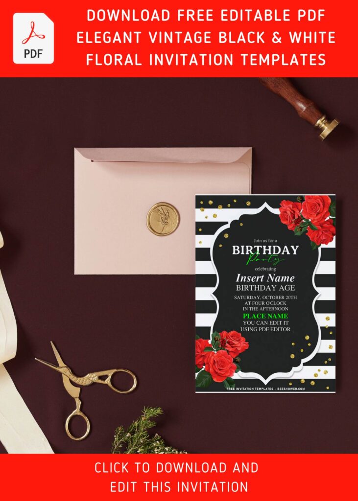 (Free Editable PDF) Classic Black And White Stripe & Floral Birthday Invitation Templates with gorgeous red rose
