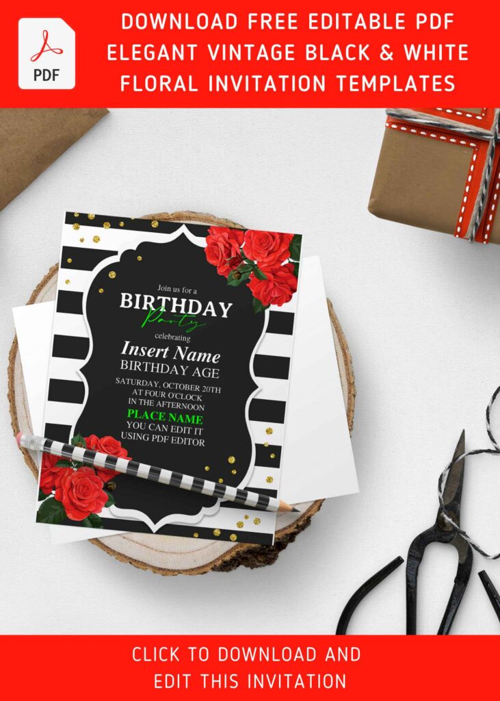 (Free Editable PDF) Classic Black And White Stripe & Floral Birthday Invitation Templates with romantic red Lily