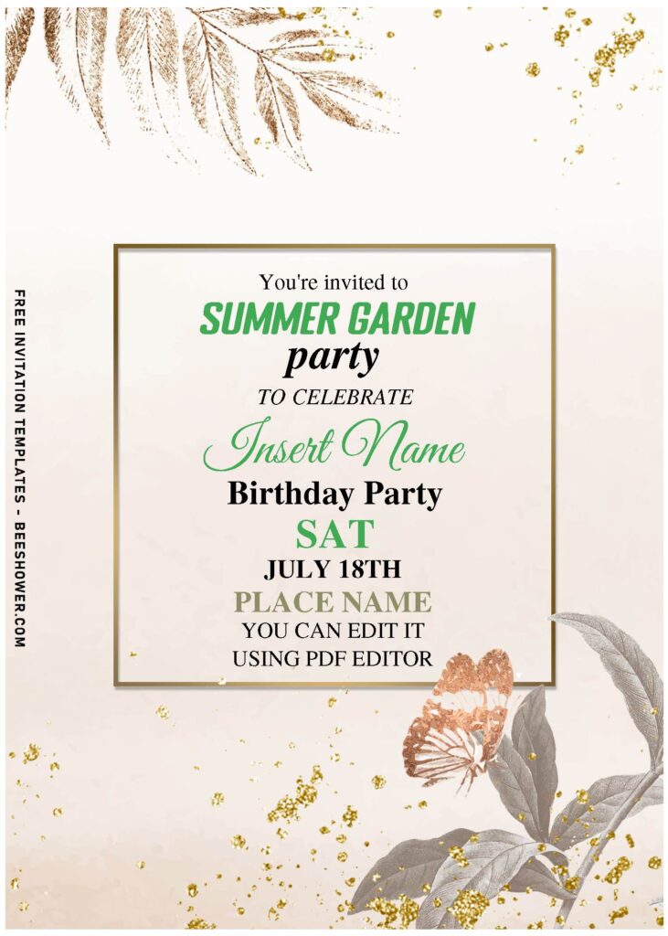 (Free Editable PDF) Spring Gold Butterfly And Greenery Leaves Birthday Invitation with gold butterfly