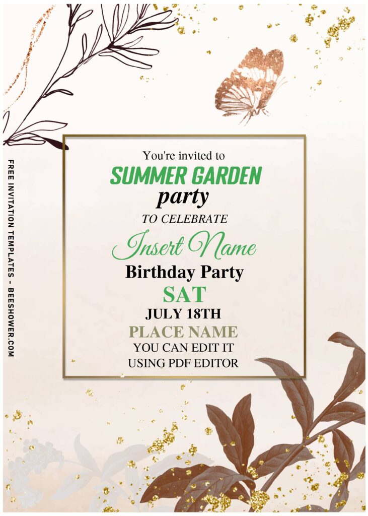 (Free Editable PDF) Spring Gold Butterfly And Greenery Leaves Birthday Invitation with sparkly gold glitters