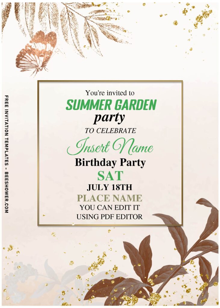 (Free Editable PDF) Spring Gold Butterfly And Greenery Leaves Birthday Invitation with rustic background