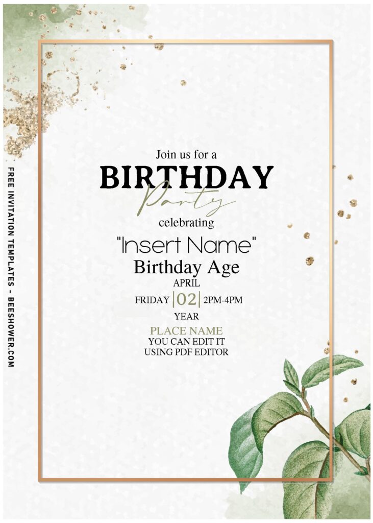 (Free Editable PDF) Enchanted Gold And Earthy Greenery Birthday Invitation Templates with astonishing gold sparkles