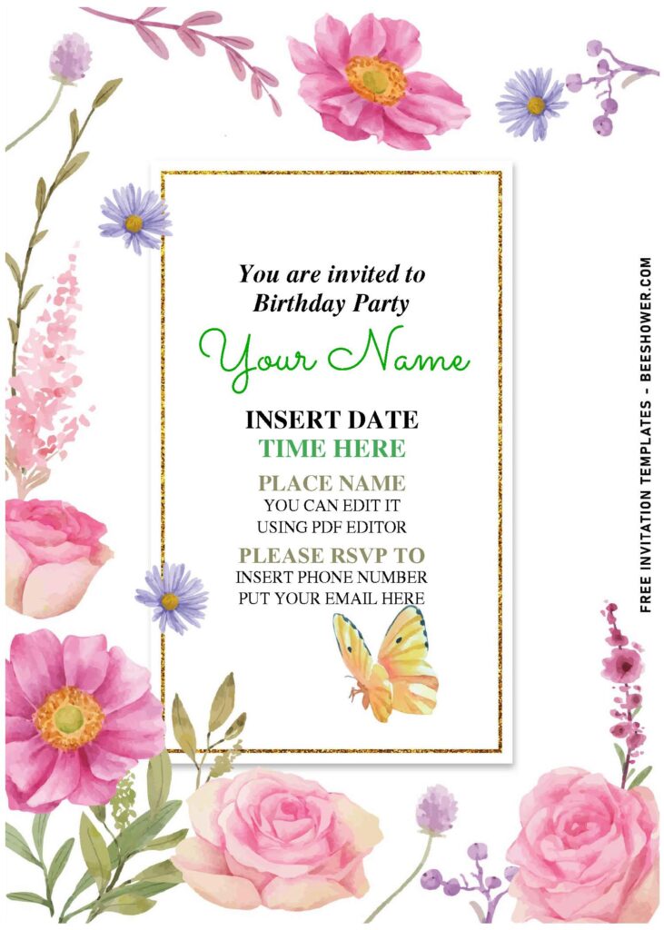 (Free Editable PDF) Botanical Garden Pink Daisy And Anemone Invitation Templates with elegant script