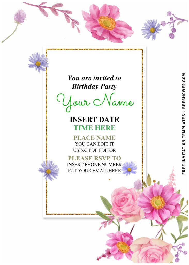 (Free Editable PDF) Botanical Garden Pink Daisy And Anemone Invitation Templates with pristine white background