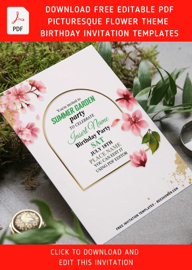 (Free Editable PDF) Spring Gold Butterfly And Greenery Leaves Birthday Invitation with beautiful cherry blossom