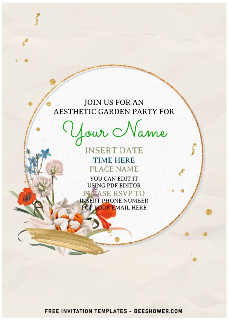 (Free Editable PDF) Lovely Spring Garden Gold Birthday Invitation Templates with cute red poppy