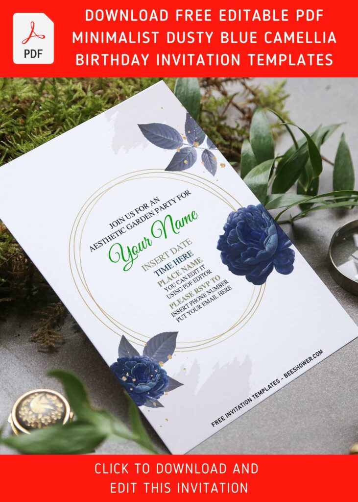 (Free Editable PDF) Minimalist Gold Frame & Midnight Blue Flower Invitation Templates with blue camellia