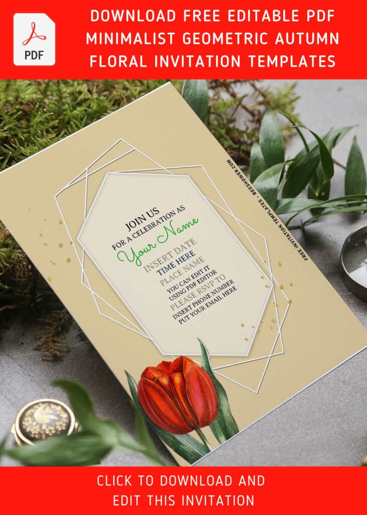 (Free Editable PDF) Casual Geometric Lily And Arrowhead Invitation Templates with romantic red tulips