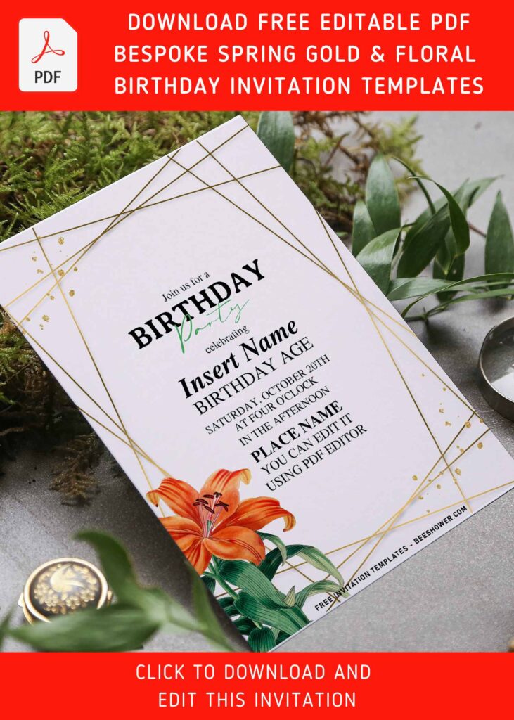 (Free Editable PDF) Bespoke Spring Gold And Floral Birthday Invitation Templates with watercolor Lily