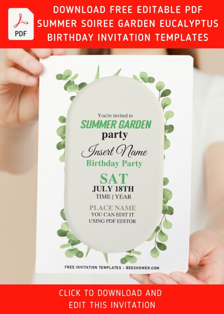 (Free Editable PDF) Breathtakingly Elegant Eucalyptus Garden Party Invitation Templates with greenery leaves