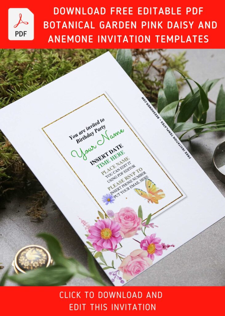(Free Editable PDF) Botanical Garden Pink Daisy And Anemone Invitation Templates with editable text