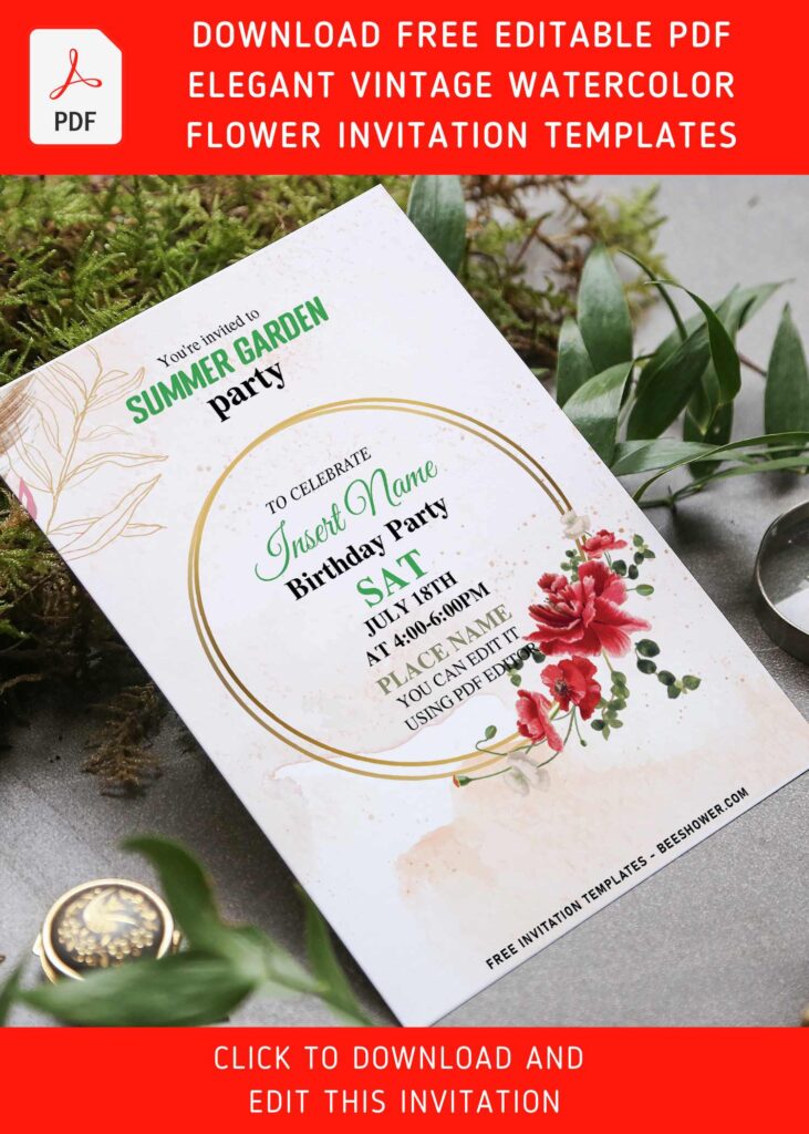 (Free Editable PDF) Dazzling Gold Flower Wreath Birthday Invitation Templates with red camellia