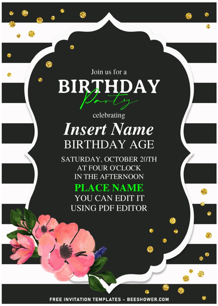 (Free Editable PDF) Classic Black And White Stripe & Floral Birthday Invitation Templates with elegant script