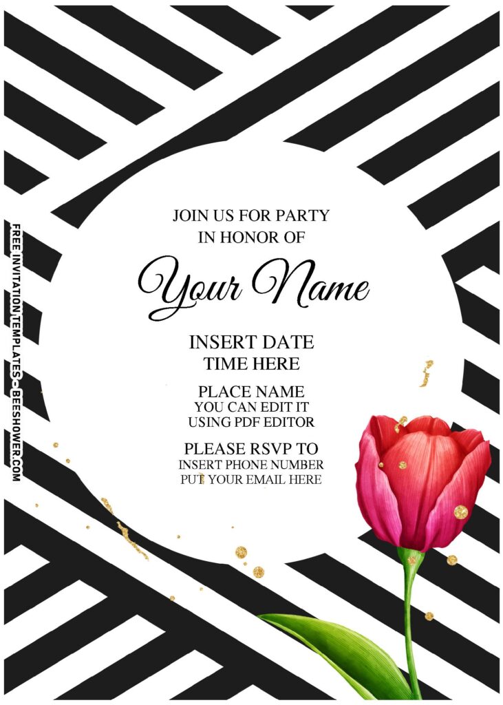 (Free Editable PDF) Modern Ribbon Black And White Floral Invitation Templates with elegant script