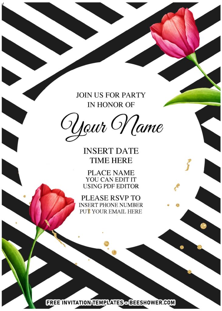 (Free Editable PDF) Modern Ribbon Black And White Floral Invitation Templates with black and white stripe background