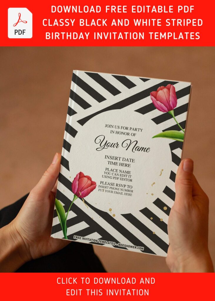 (Free Editable PDF) Modern Ribbon Black And White Floral Invitation Templates with pink tulips