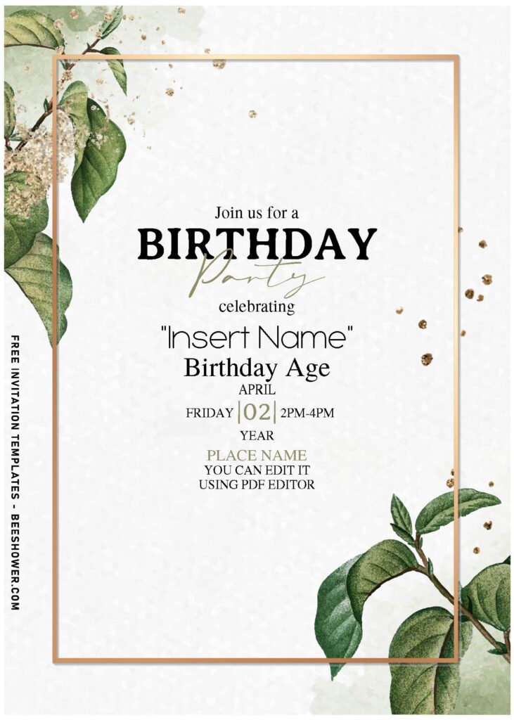 (Free Editable PDF) Enchanted Gold And Earthy Greenery Birthday Invitation Templates with rustic watercolor background