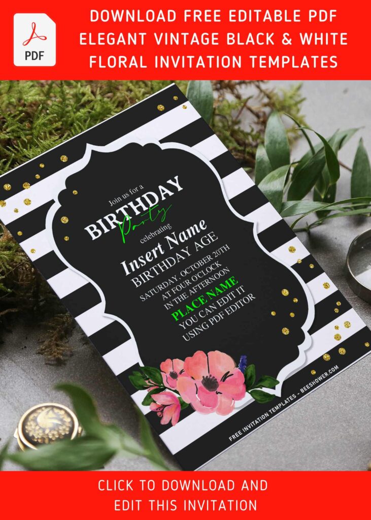 (Free Editable PDF) Classic Black And White Stripe & Floral Birthday Invitation Templates with editable text