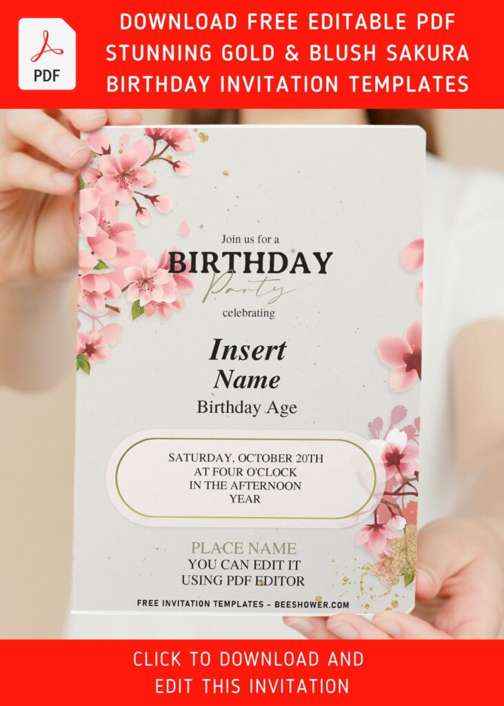 (Free Editable PDF) Stunning Gold & Blush Sakura Birthday Invitation Templates with 