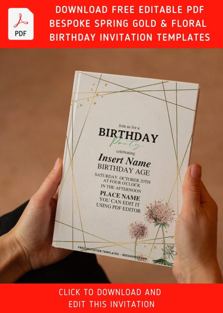 (Free Editable PDF) Bespoke Spring Gold And Floral Birthday Invitation Templates with gleaming gold geometric shape