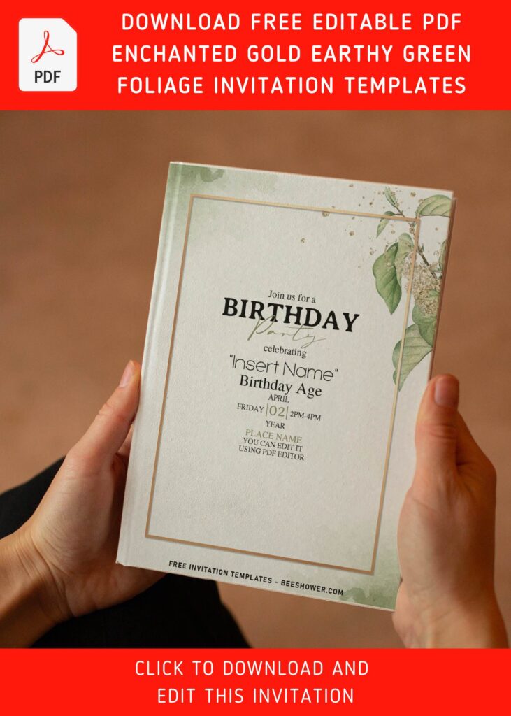 (Free Editable PDF) Enchanted Gold And Earthy Greenery Birthday Invitation Templates with dried foliage