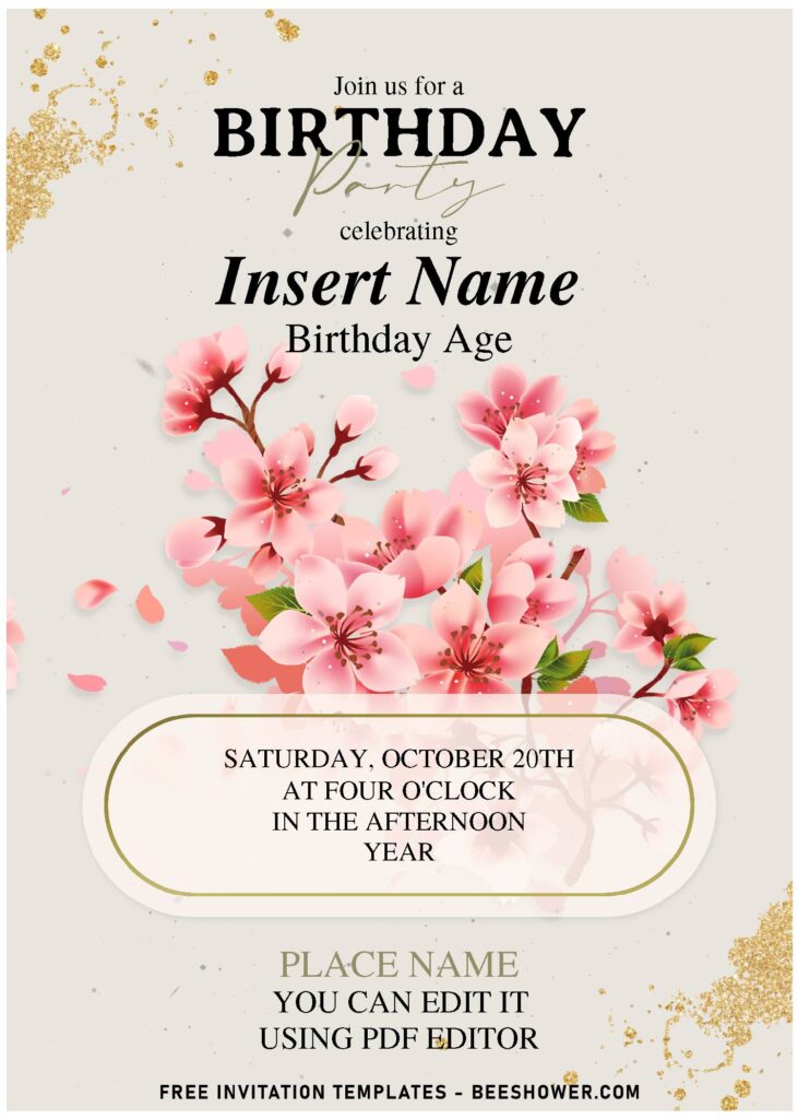 (Free Editable PDF) Stunning Gold & Blush Sakura Birthday Invitation Templates with stunning glitter gold sparkles