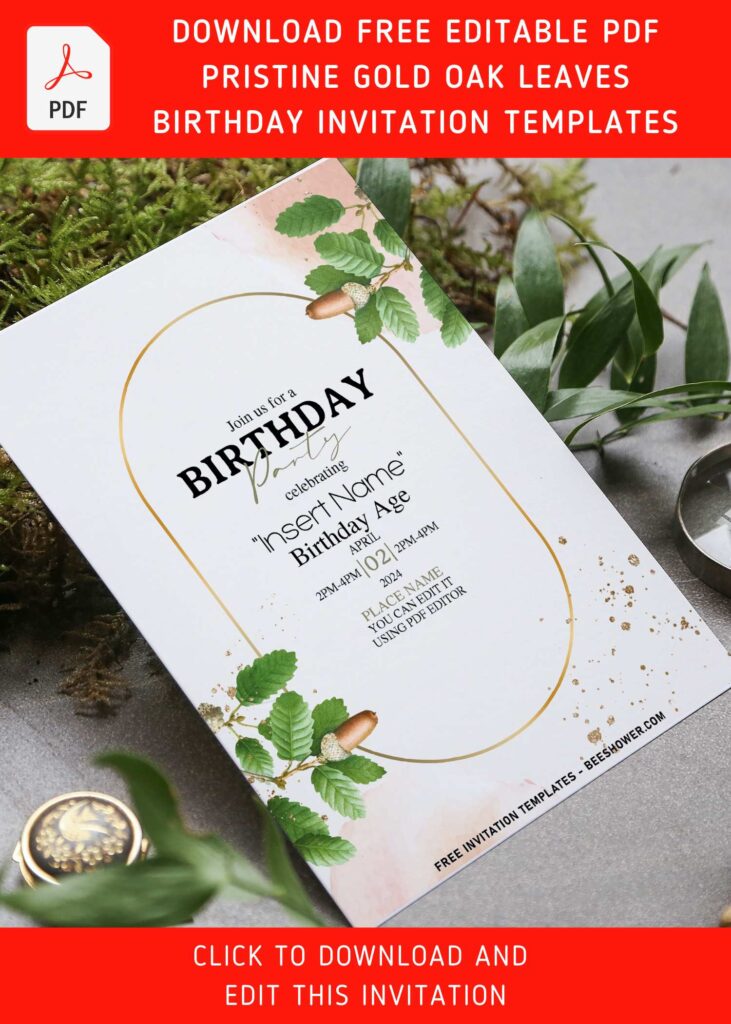 (Free Editable PDF) Divine Gold And Greenery Leaves Birthday Invitation Templates with apricot leaves