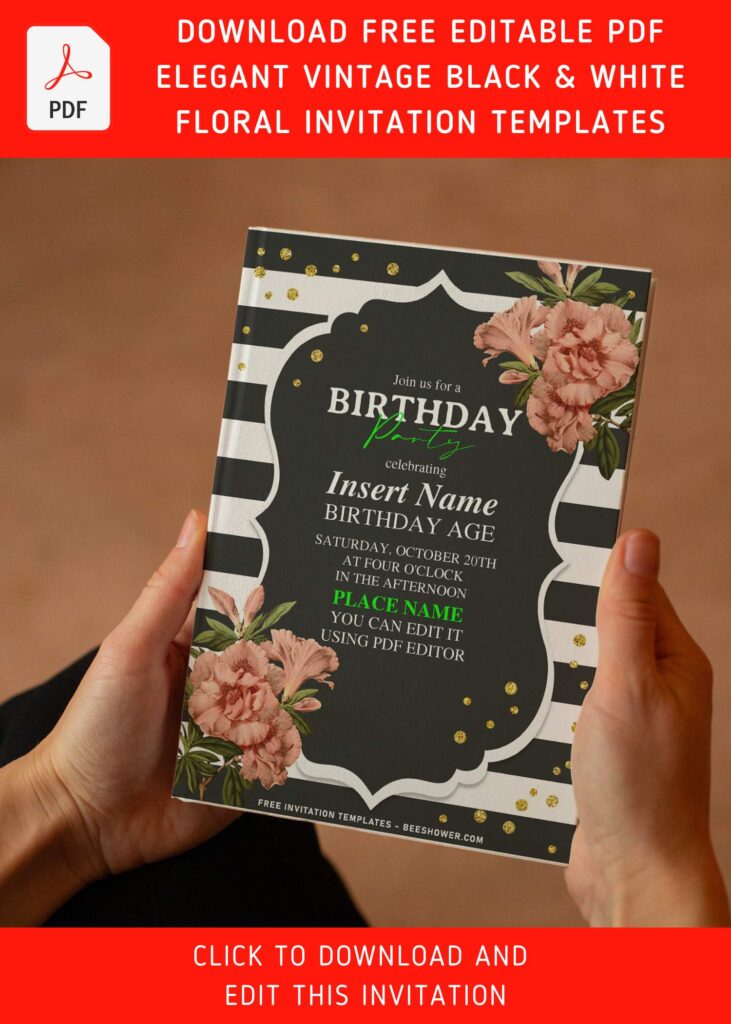 (Free Editable PDF) Classic Black And White Stripe & Floral Birthday Invitation Templates with enchanting peony