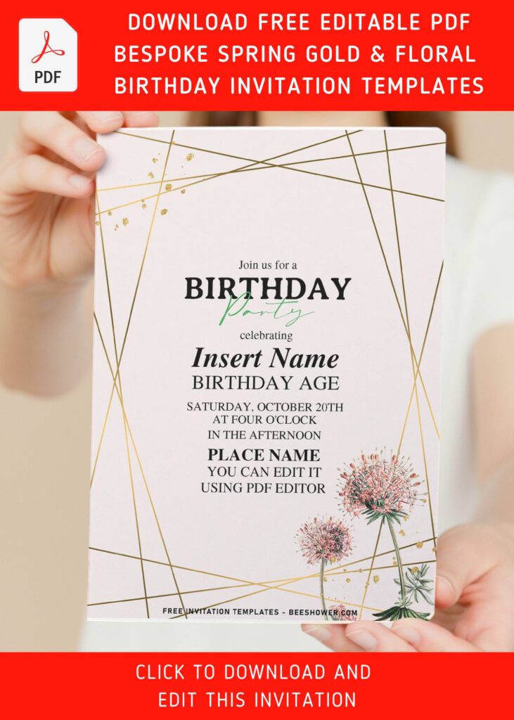 (Free Editable PDF) Bespoke Spring Gold And Floral Birthday Invitation Templates with editable text