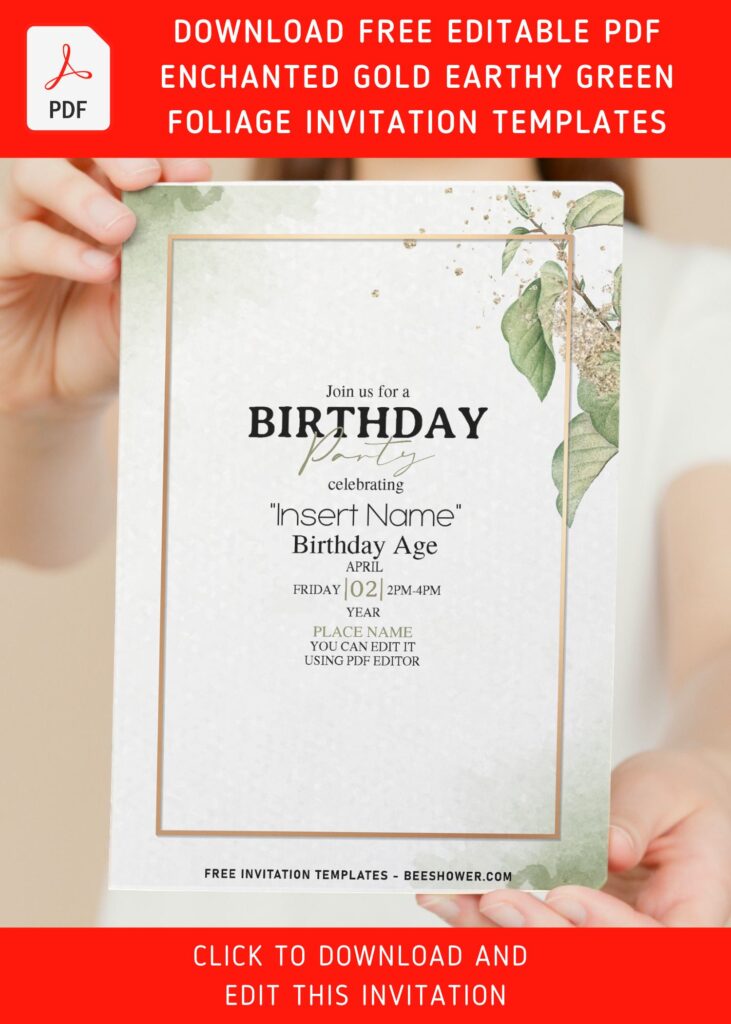 (Free Editable PDF) Enchanted Gold And Earthy Greenery Birthday Invitation Templates with editable text