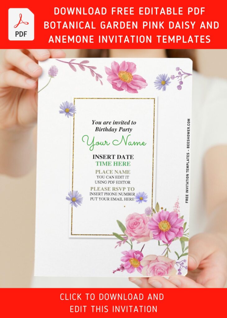 (Free Editable PDF) Botanical Garden Pink Daisy And Anemone Invitation Templates with gold frame