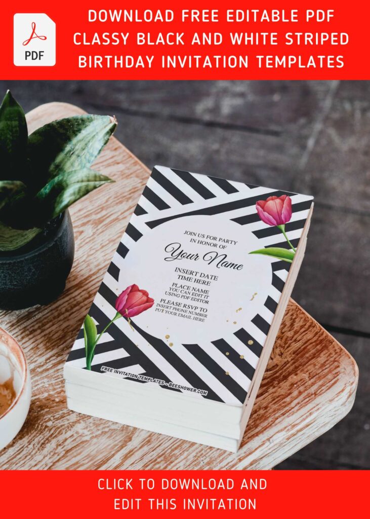 (Free Editable PDF) Modern Ribbon Black And White Floral Invitation Templates with editable text