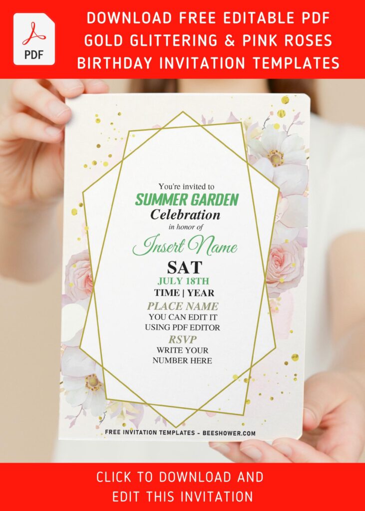 (Free Editable PDF) Shimmering Gold And Pink Rose Birthday Invitation Templates with editable text