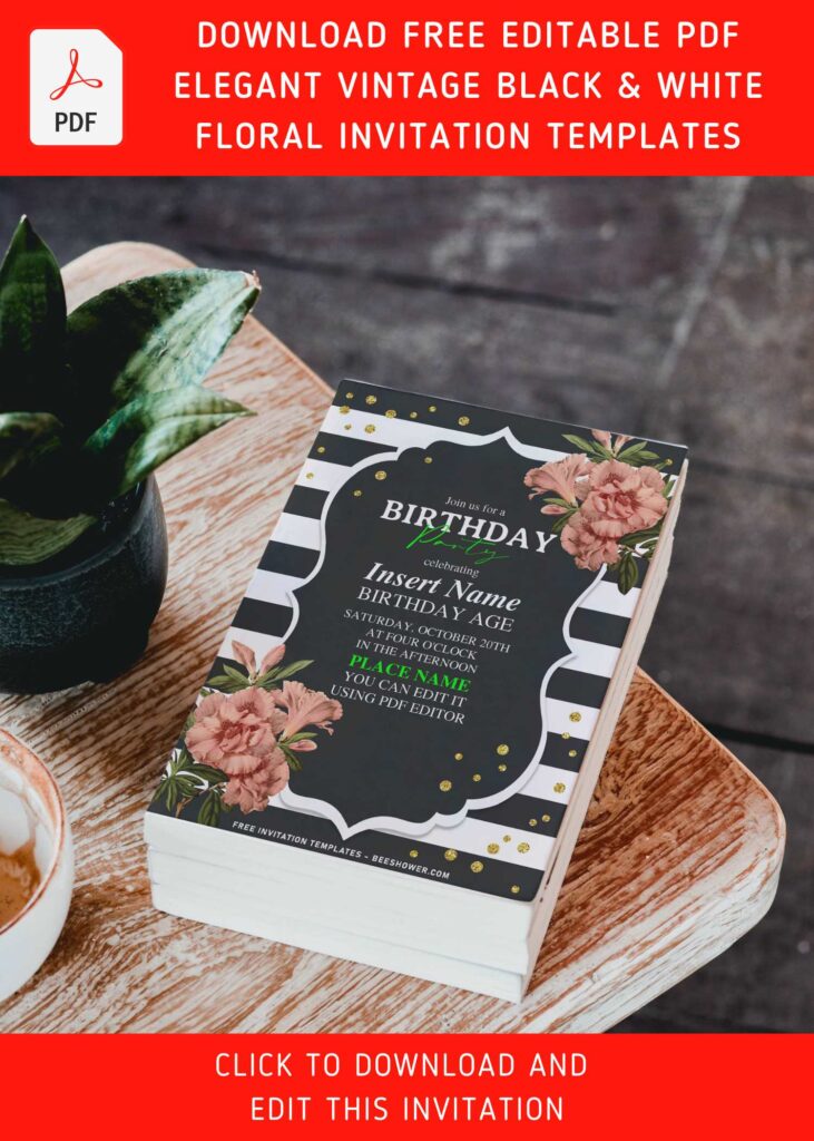 (Free Editable PDF) Classic Black And White Stripe & Floral Birthday Invitation Templates with watercolor roses