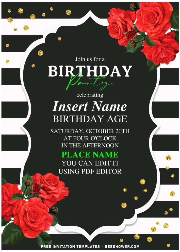 (Free Editable PDF) Classic Black And White Stripe & Floral Birthday Invitation Templates with elegant bracket frame