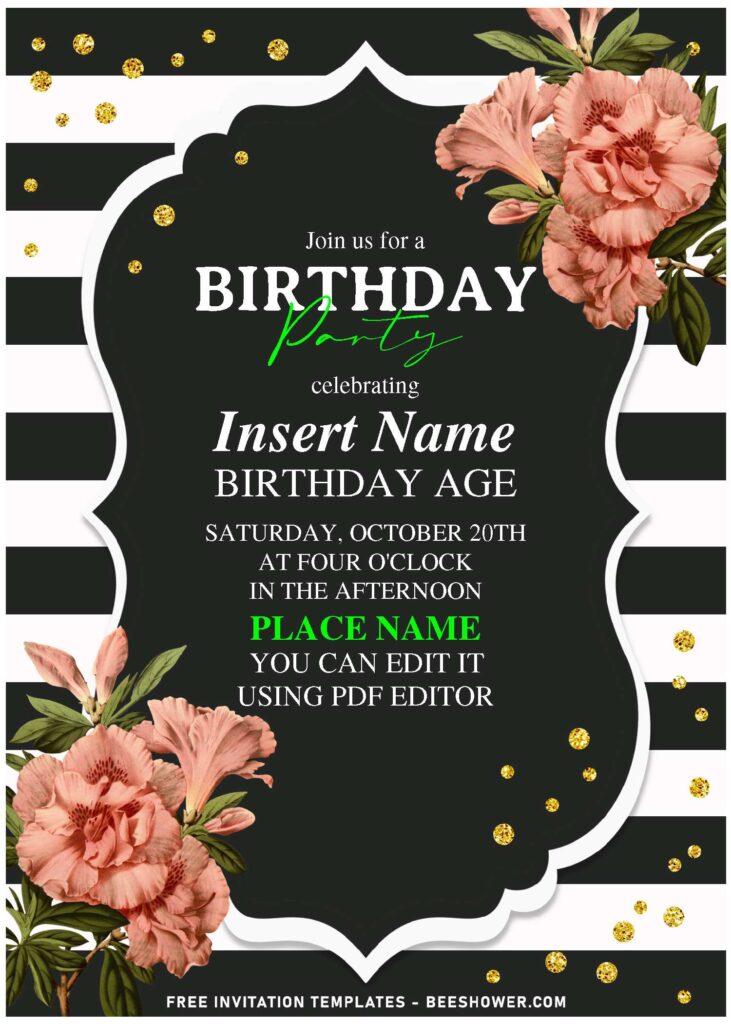 (Free Editable PDF) Classic Black And White Stripe & Floral Birthday Invitation Templates with sparkling gold glitters