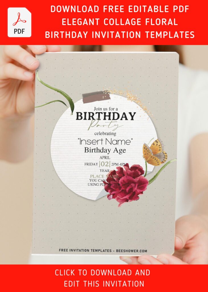 (Free Editable PDF) Aesthetic Mixed Spring Flower Collage Birthday Invitation Templates with fine grid pattern background