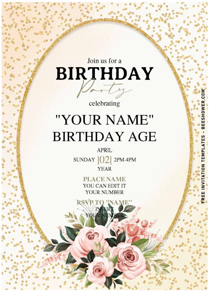 (Free Editable PDF) Glamorous Sparkly Gold & Chic Rose Birthday Invitation Templates with elegant gold frame
