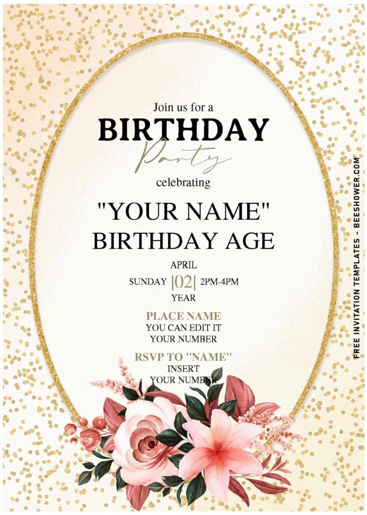 (Free Editable PDF) Glamorous Sparkly Gold & Chic Rose Birthday Invitation Templates with editable text