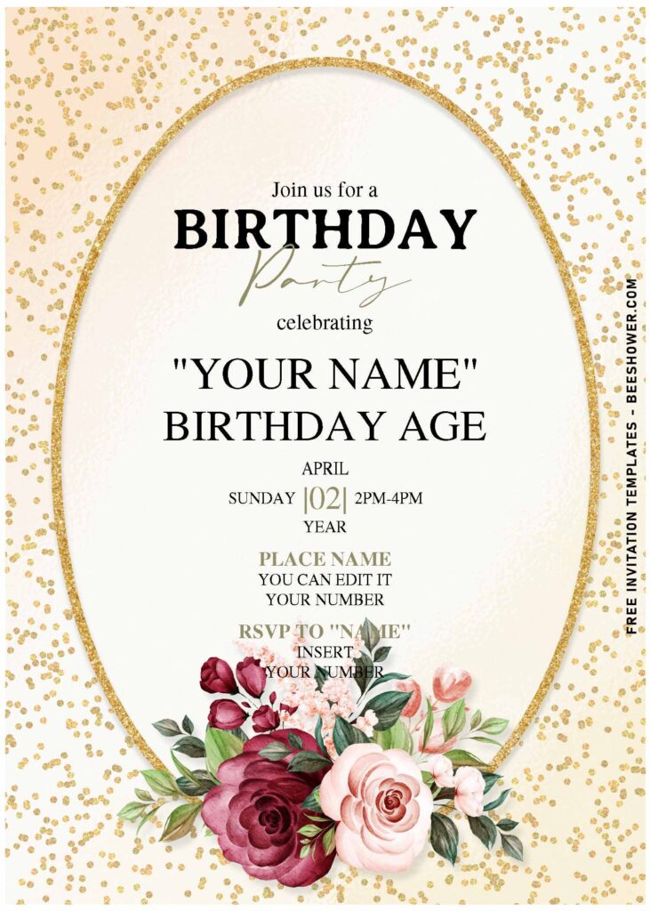 (Free Editable PDF) Glamorous Sparkly Gold & Chic Rose Birthday Invitation Templates with elegant script