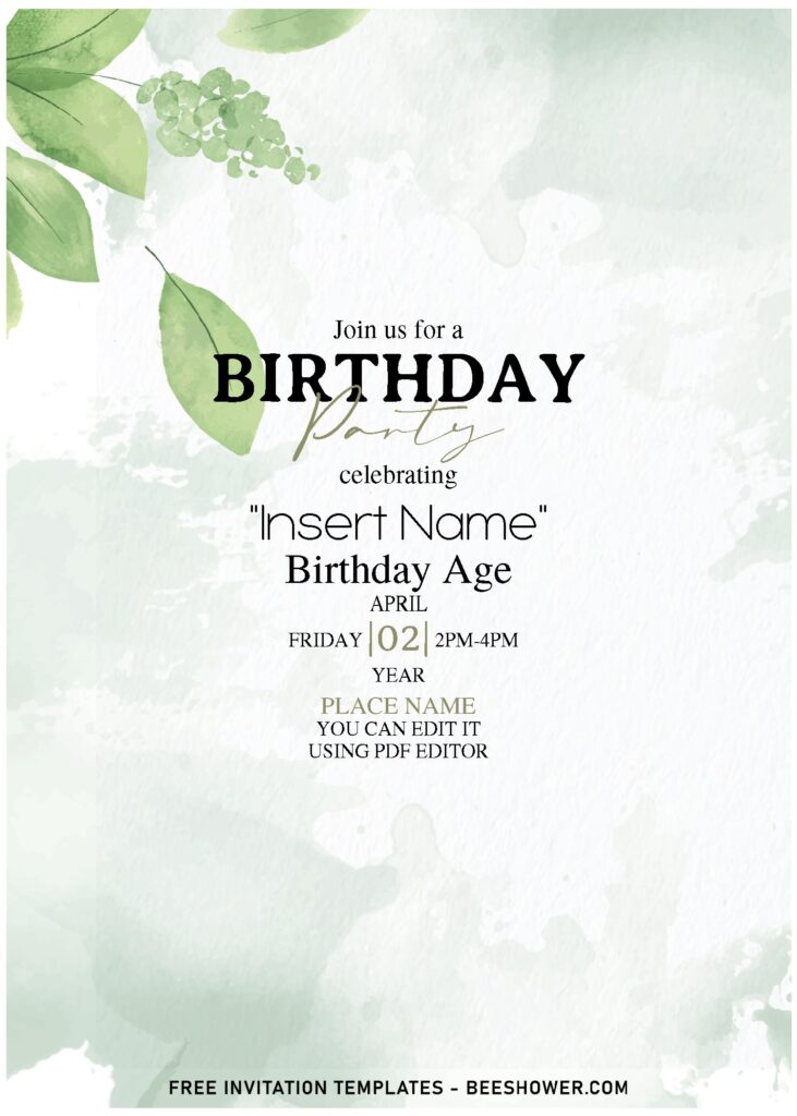 (Free Editable PDF) Spring In Watercolor Gold And Greenery Leaves Invitation Templates with elegant script