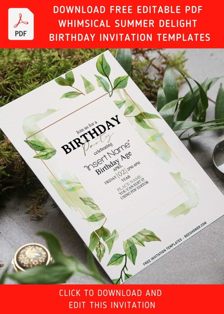 (Free Editable PDF) Whimsical Summer Delight Birthday Invitation Templates with watercolor greenery leaves