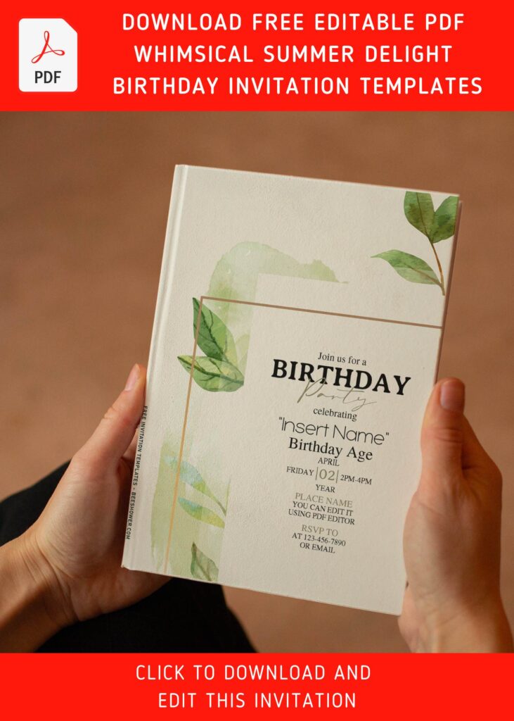(Free Editable PDF) Whimsical Summer Delight Birthday Invitation Templates with elegant gold frame