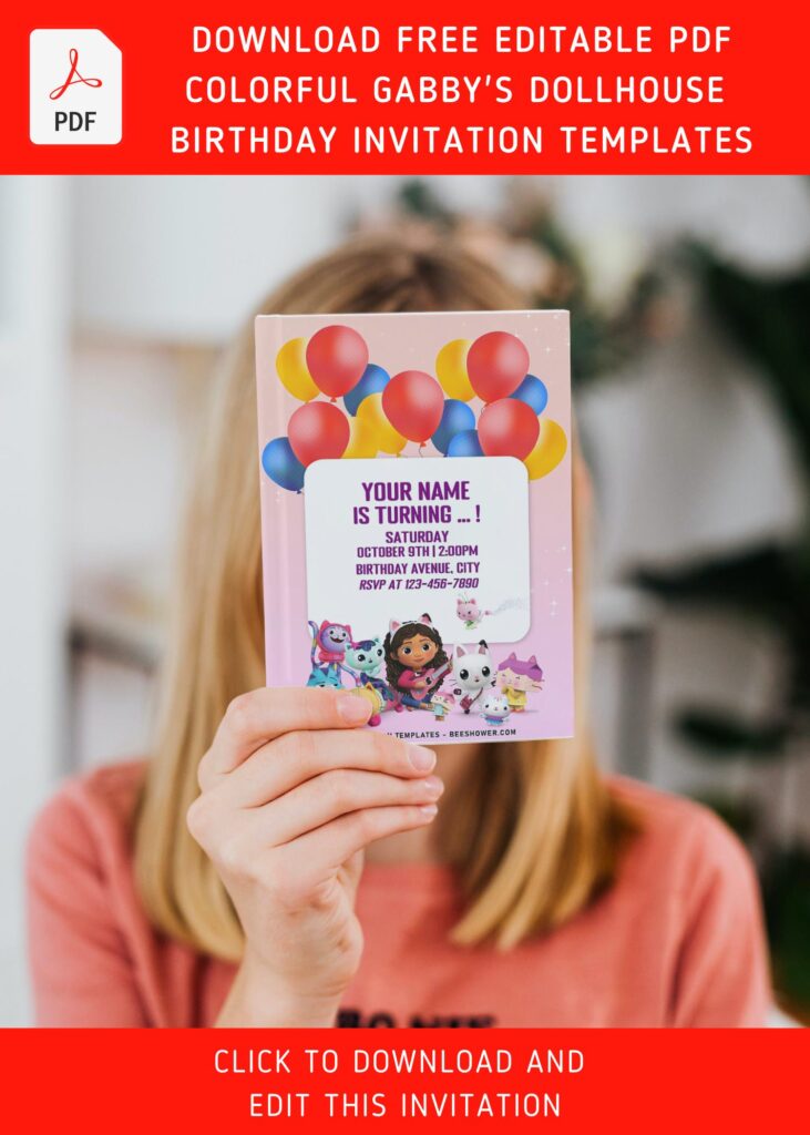 (Free Editable PDF) Cutie Gabby's Dollhouse Birthday Invitation Templates with 