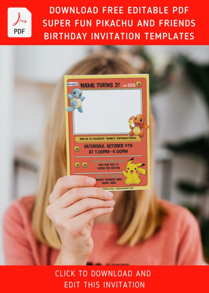 (Free Editable PDF) Lovely Pokémon Card Themed Birthday Invitation Templates with adorable Detective Pikachu