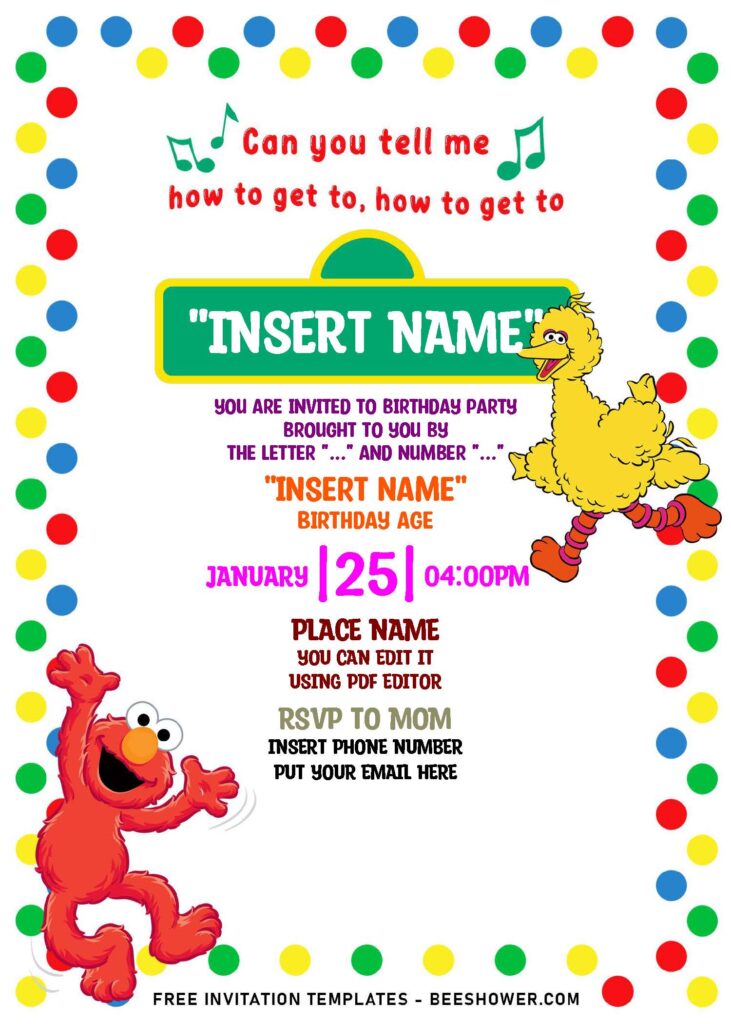 (Free Editable PDF) Playful And Cute Sesame Street Birthday Invitation Templates with colorful polka dots border