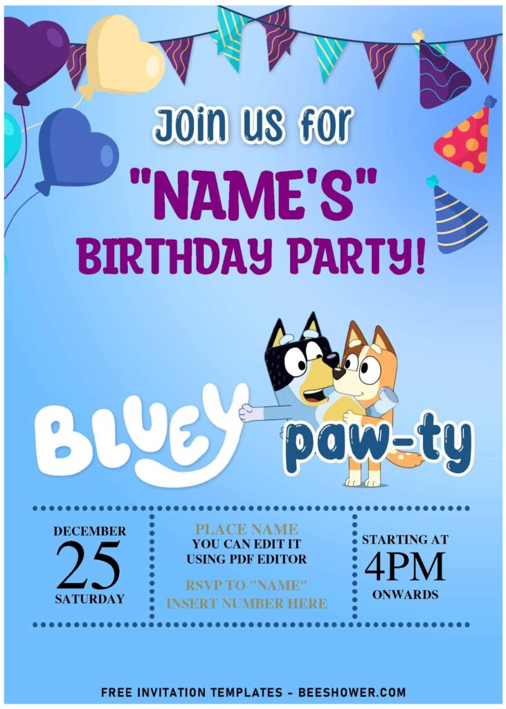 (Free Editable PDF) Lovey Dovey Bluey Invitation Templates For Toddler And Preschoolers with party bunting flag