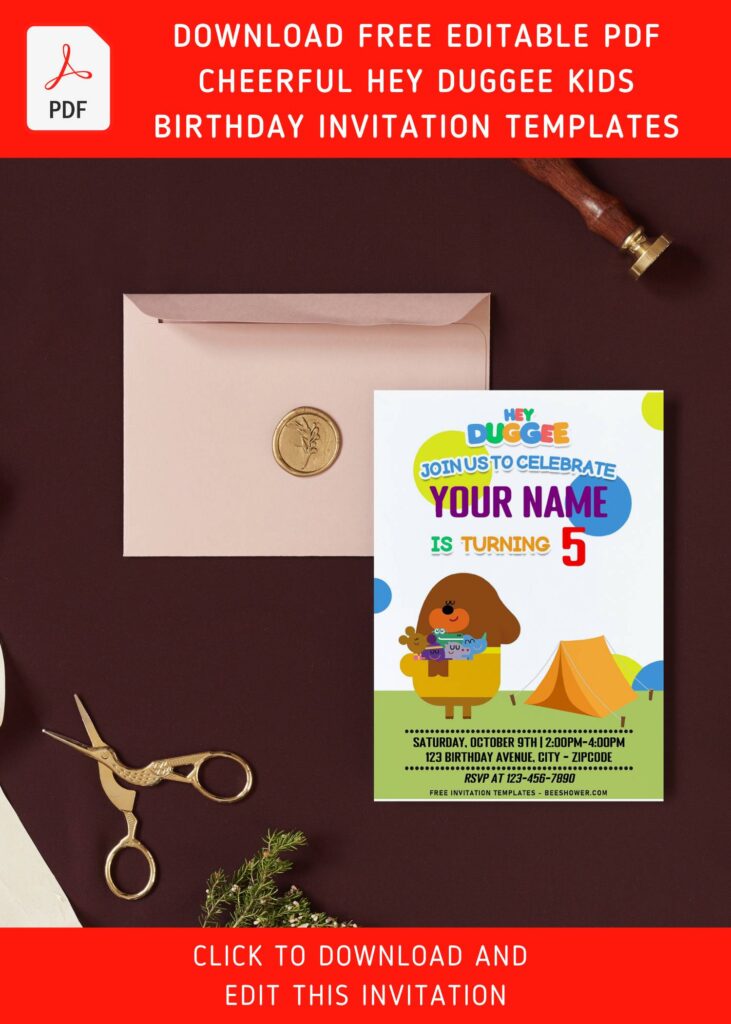 Free Editable PDF Cartoon Hey Duggee Birthday Invitation Templates C - Downloadable (Free Editable PDF) Sand Castle Hey Duggee Birthday Invitation Templates - Template No. 39